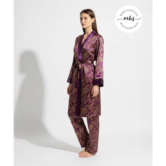 Design Studio Floral Brocade Pajama & Robe Set Tassel Tie Purple Golden Women S